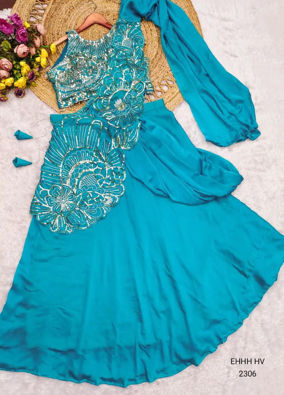 Bebo Blue Leafy Drape Pre-draped Indo-Western Rangoli Silk Lehenga Set